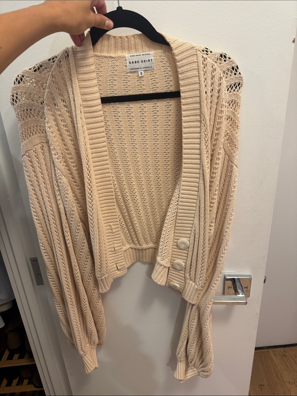 Sabo Skirt Cream Open-Weave Button Crop Cardigan
